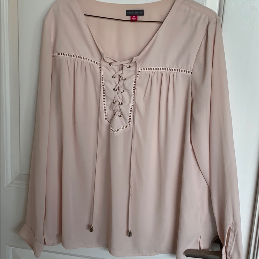 VINCE CAMUTO silk like blouse with lace up front